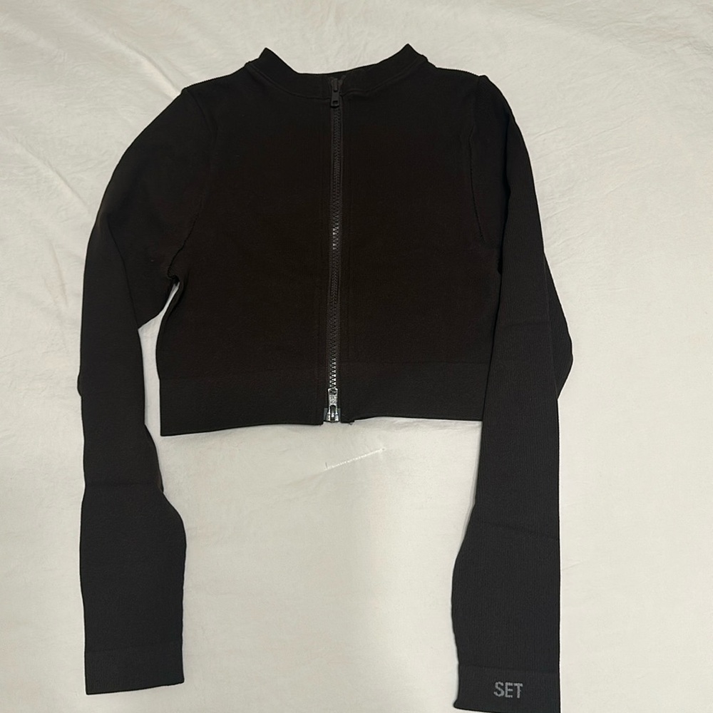SET Active Ribbed Cropped Brown Zip-Up
